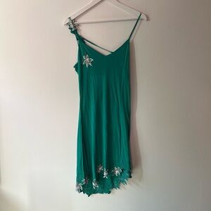 Marciano Deadstock Teal Asymmetrical Dress with Silver Floral Accents